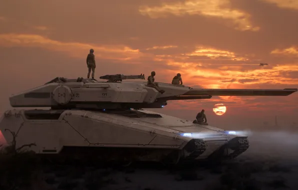 Sunset, The sun, Soldiers, Art, Tank, Art, Game, Tank