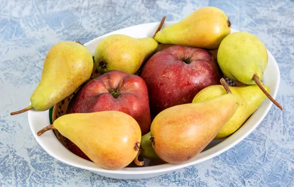 Apples, yellow, plate, red, fruit, pear, two, a lot