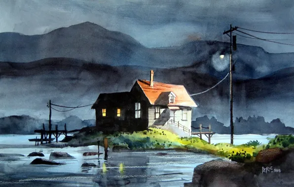 Picture night, house, watercolor