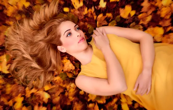 Autumn, leaves, portrait, redhead, in yellow