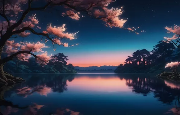 Sky, trees, landscape, nature, sunset, lake, cherry blossom, reflection