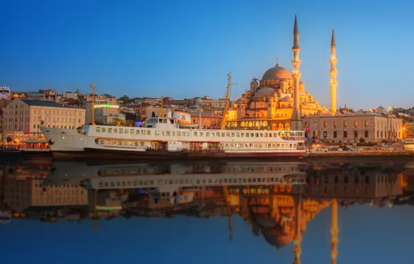 Water, sunset, reflection, river, ship, home, lights, tower