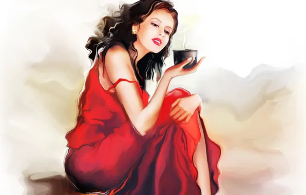 Girl, coffee, mug, sitting, red dress, Tatiana Nikitina