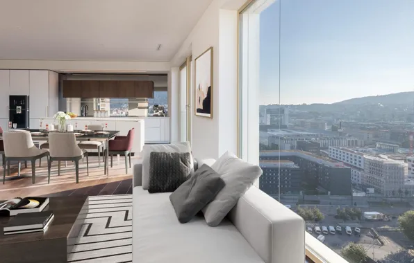 Interior, kitchen, living room, dining room, Zurich, Urban and privileged living, high above the city …