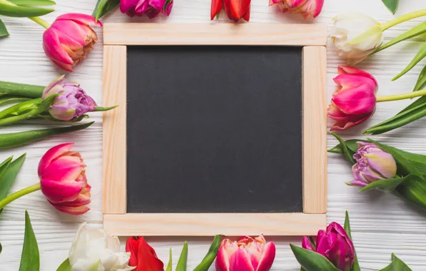 Picture flowers, spring, colorful, tulips, Board, wood, pink, flowers