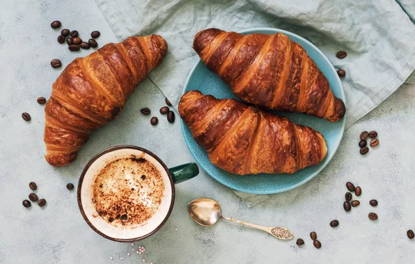 Coffee, grain, Breakfast, plate, spoon, Cup, drink, croissant