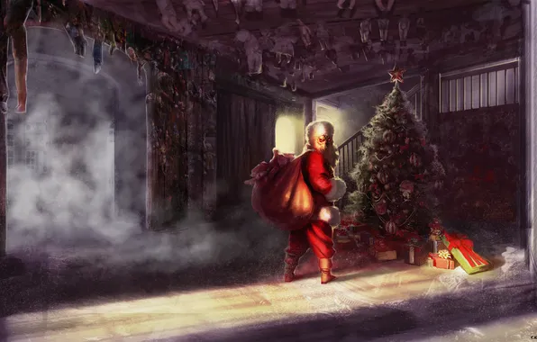Picture look, house, tree, doll, art, gifts, bag, Santa