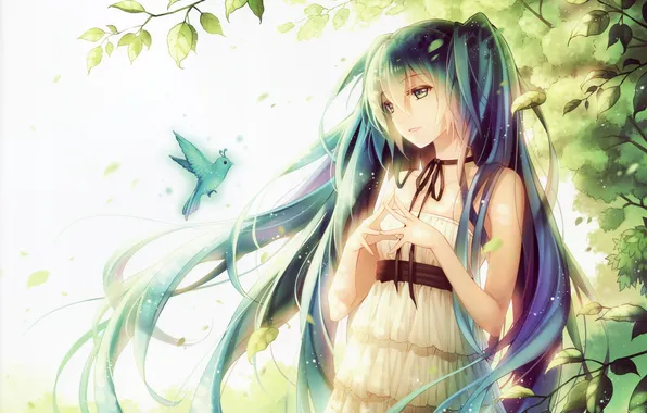 Picture leaves, girl, trees, smile, bird, vocaloid, hatsune miku, gesture