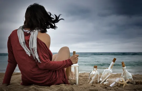 Sand, sea, beach, girl, the wind, shore, scarf, brunette