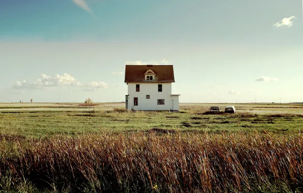 Windows, house, road, sky, field, clouds, Pickup, shadow