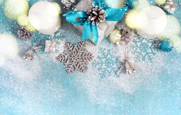 Picture snow, decoration, snowflakes, candles, New Year, Christmas, Christmas, wood