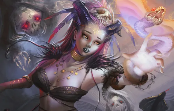 Girl, snake, skull, Cobra, skeletons