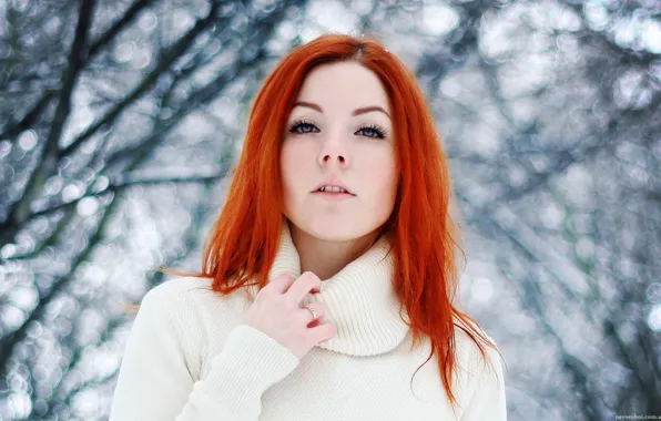 Winter, eyes, look, snow, trees, nature, face, Girl
