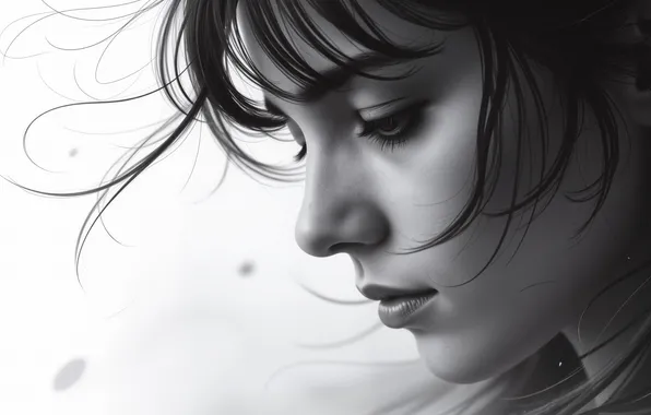 Girl, Face, Hair, Digital art, Black and white, Closeup, AI art, The Art of Artificial …