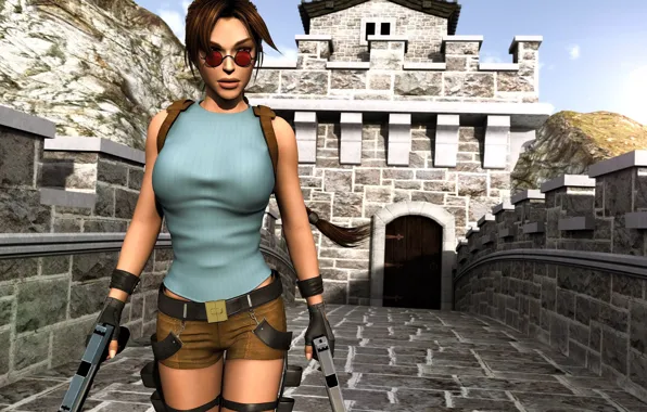 Picture girl, weapons, guns, shorts, glasses, Tomb Raider, Lara Croft, Lara Croft