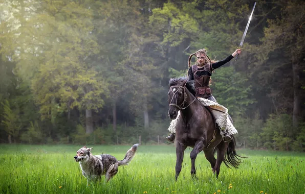 Forest, look, girl, nature, pose, horse, horse, wolf