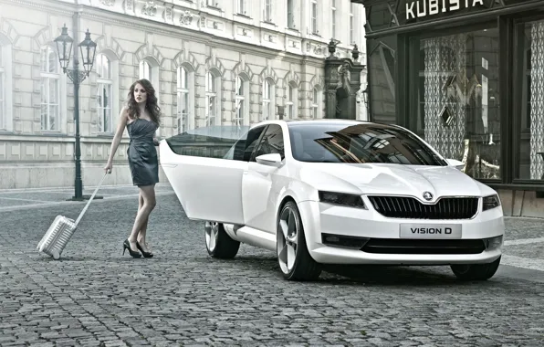 Auto, look, Girls, beautiful girl, posing on the car, Skoda Vision
