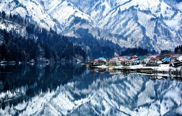 Picture mountains, reflection, Japan, village, Fukushima