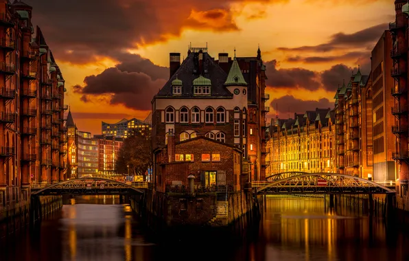 The sky, water, clouds, reflection, sunset, clouds, bridge, the city