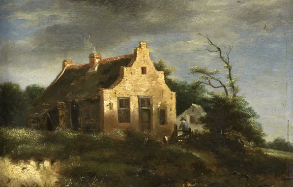 Landscape, tree, oil, picture, Jacob van Ruisdael, Farm House Among The Wooded Dunes