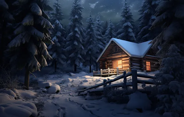 Winter, forest, snow, night, house, Christmas, New year, house