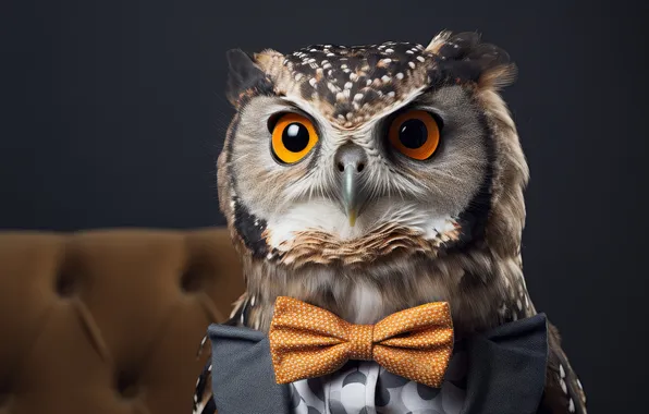 Look, the dark background, owl, bird, chair, outfit, bow, bow
