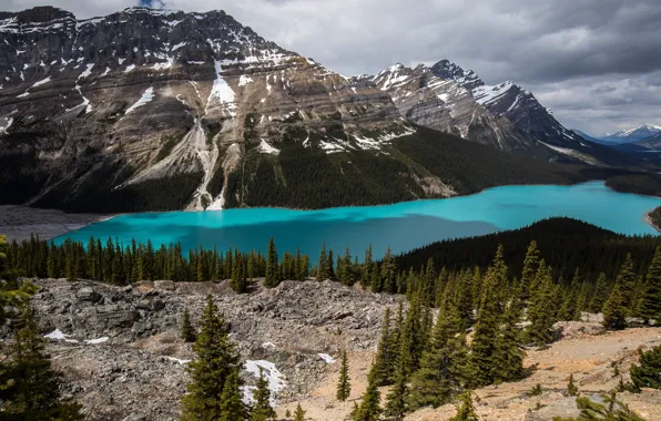 Forest, clouds, mountains, lake, rocks, the slopes, view, ate