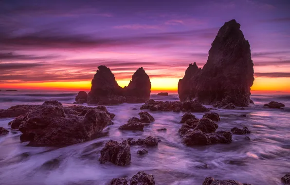 Sea, wave, purple, the sky, clouds, light, landscape, sunset
