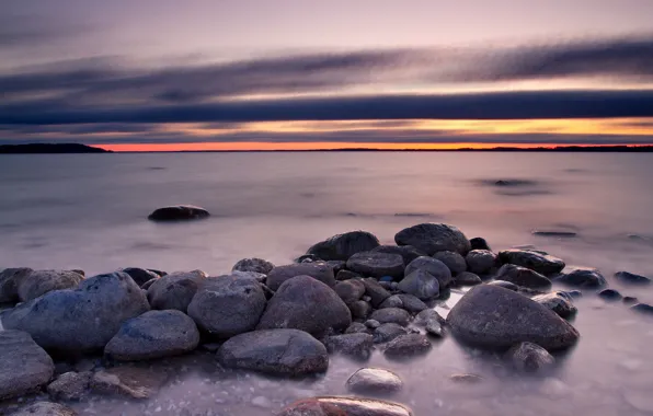 Sea, landscape, sunset, stones