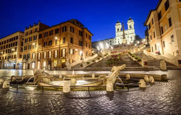 Lights, Rome, Italy, The Spanish steps, the fountain of the old boat