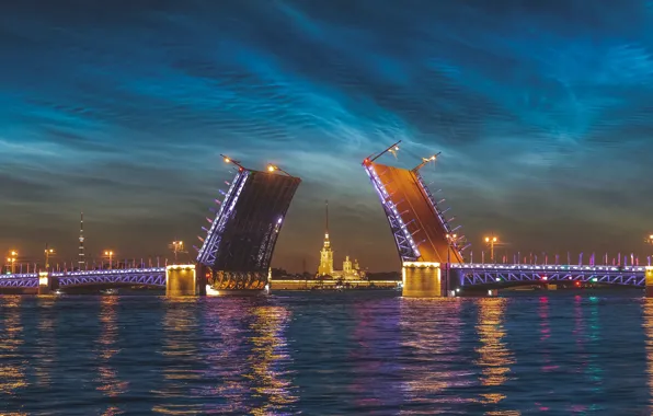 Picture the city, river, Peter, lighting, Saint Petersburg, Neva, The Palace bridge, white night