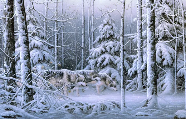 Winter, forest, snow, wolf, picture, ate, art, painting
