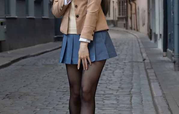 Asian, Model, Street, Woman, Building, Road, Outdoor, Skirt