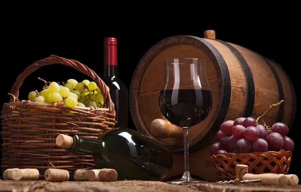 Picture wine, basket, glass, grapes, barrel, bunches