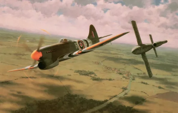 War, art, painting, drawing, ww2, british aircraft, the hawker tempest, v1 bomb