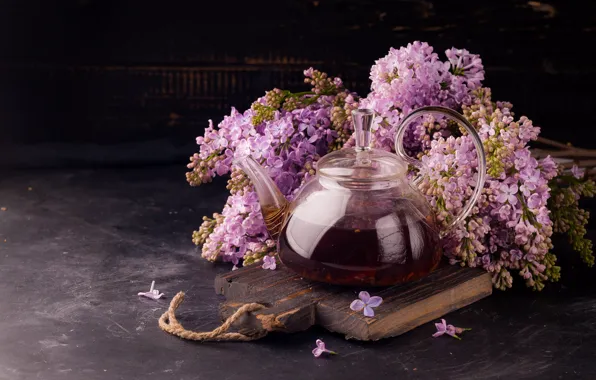 Glass, flowers, tea, bouquet, kettle, floral, lilac, cutting Board