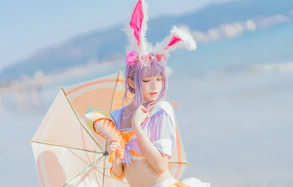 Sea, pose, umbrella, model, Asian, beauty, Bunny, ears