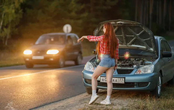 Picture girl, ass, road, long hair, nature, model, women, redhead