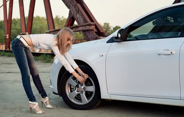 Picture girl, bridge, Girls, Chevrolet, key, white car, unscrews the wheel