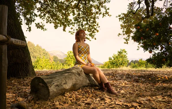 Girl, portrait, dress, actress, legs, boots, redhead, nature