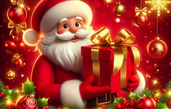 Balls, snowflakes, lights, gift, Christmas, New year, Santa Claus, red background