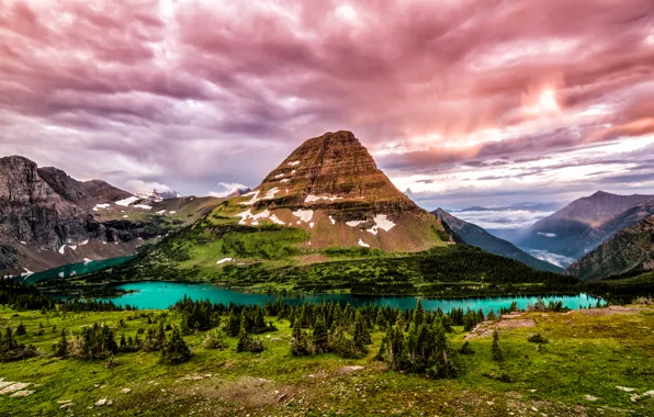 Clouds, trees, mountains, lake, stones, rocks, Canada, Glacier National Park