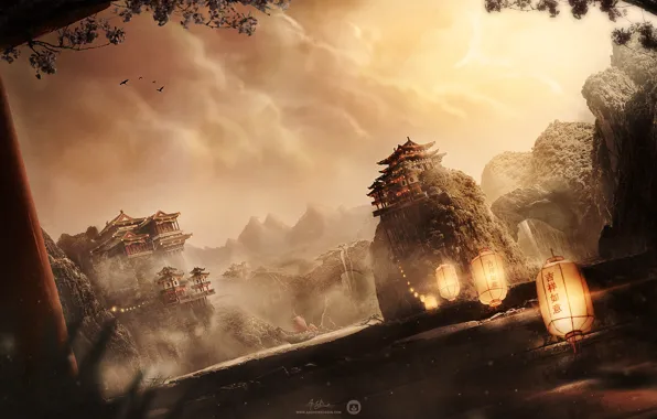 Sunset, mountains, beauty, China, flight, character, lanterns, desktopography