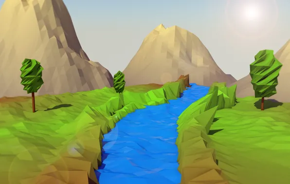 Trees, mountains, nature, river, low poly