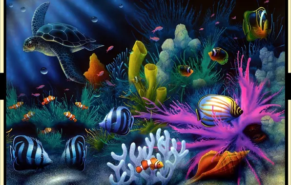 Fish, turtle, picture, art, ART, painting, underwater, underwater