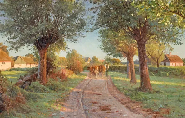 Picture Danish painter, Summer evening, 1919, Peter Merk Of Menstad, Peder Mørk Mønsted, Danish realist painter, …