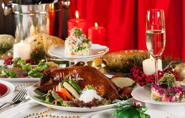 Glass, candles, vegetables, duck, feast, salad, cuts