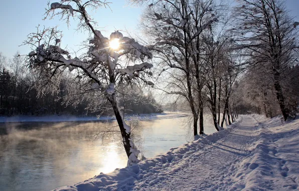 Winter, road, river