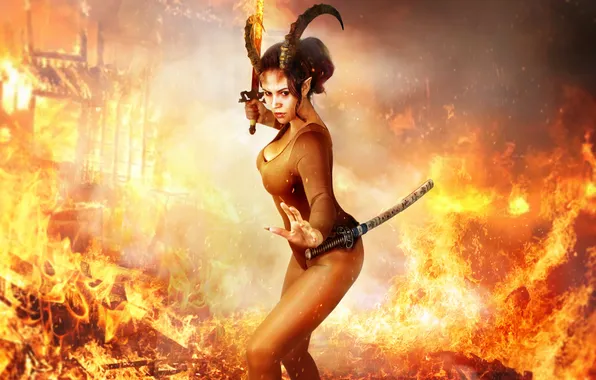 Picture fire, pose, demoness horns