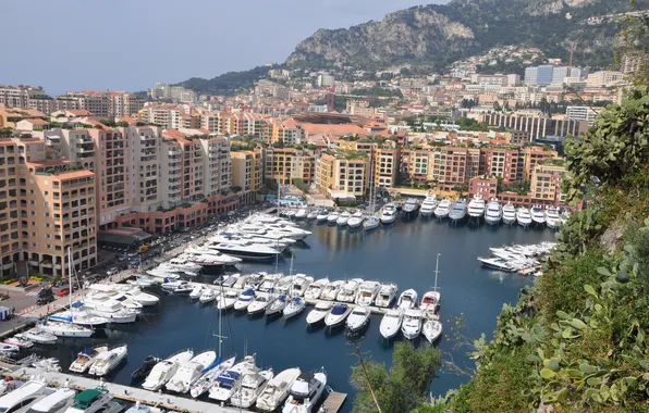 Picture summer, mountains, shore, home, Bay, yacht, France, Monaco